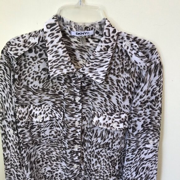 DKNY NEW Sheer Animal Print Blouse Lightweight Buttons Shirt Tunic Long Pocket M - Picture 4 of 14